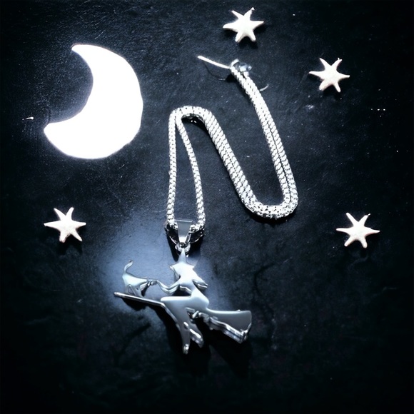 Witch Broom‎ Cat Pendant Necklace Women Witchcraft Silvery Color Hollow Out - Picture 3 of 11